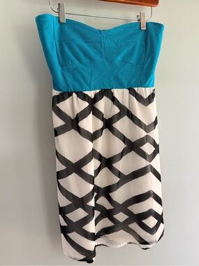 Roxy Strapless Teal & Black/White Chiffon Mini Dress – Size L/G